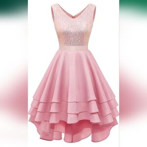 MEETJEN Women's Formal Satin Sequin Coctail High Low V-neck A-line Dress